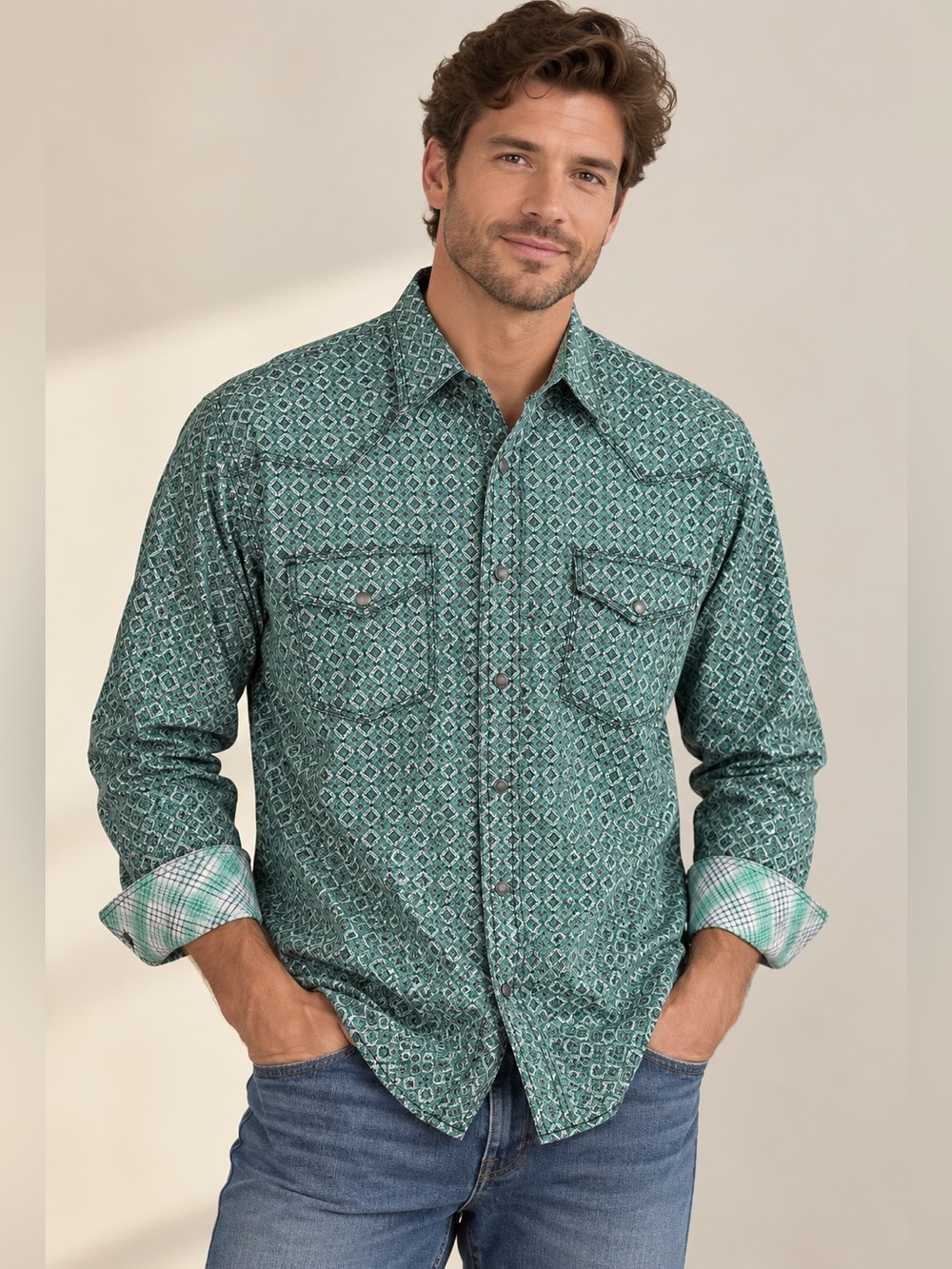 Wrangler 20X Competition Advanced Comfort Western Shirt L Green Geometric Snap